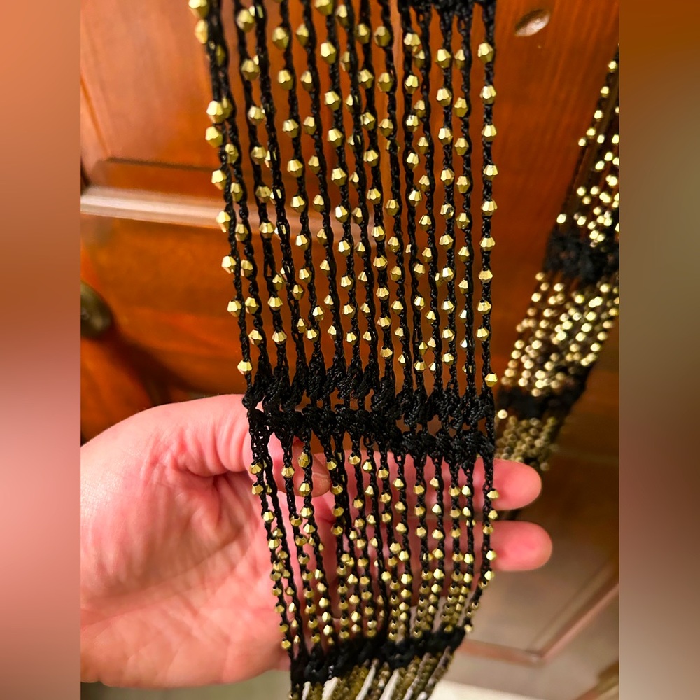 VTG Black macreme and gold bead long fringed scarf. Unbranded